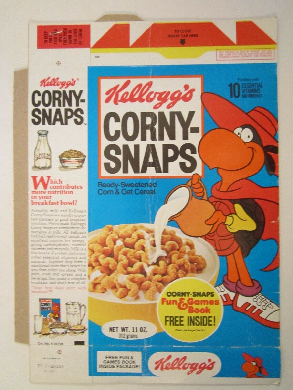 1977 Cereal Box KELLOGG'S CORNYSNAPS Preproduction Copy SHELLY TURTLE