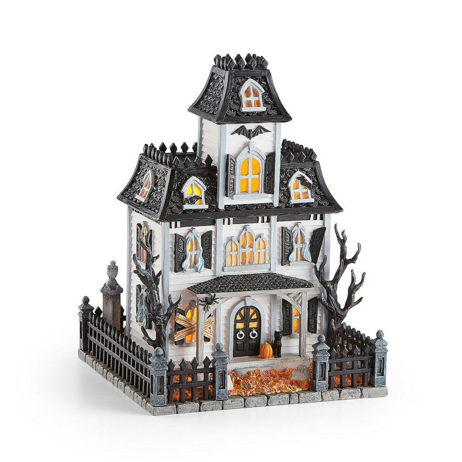 Lenox Halloween Lighted Haunted Mansion House Witch Cries Black Cat
