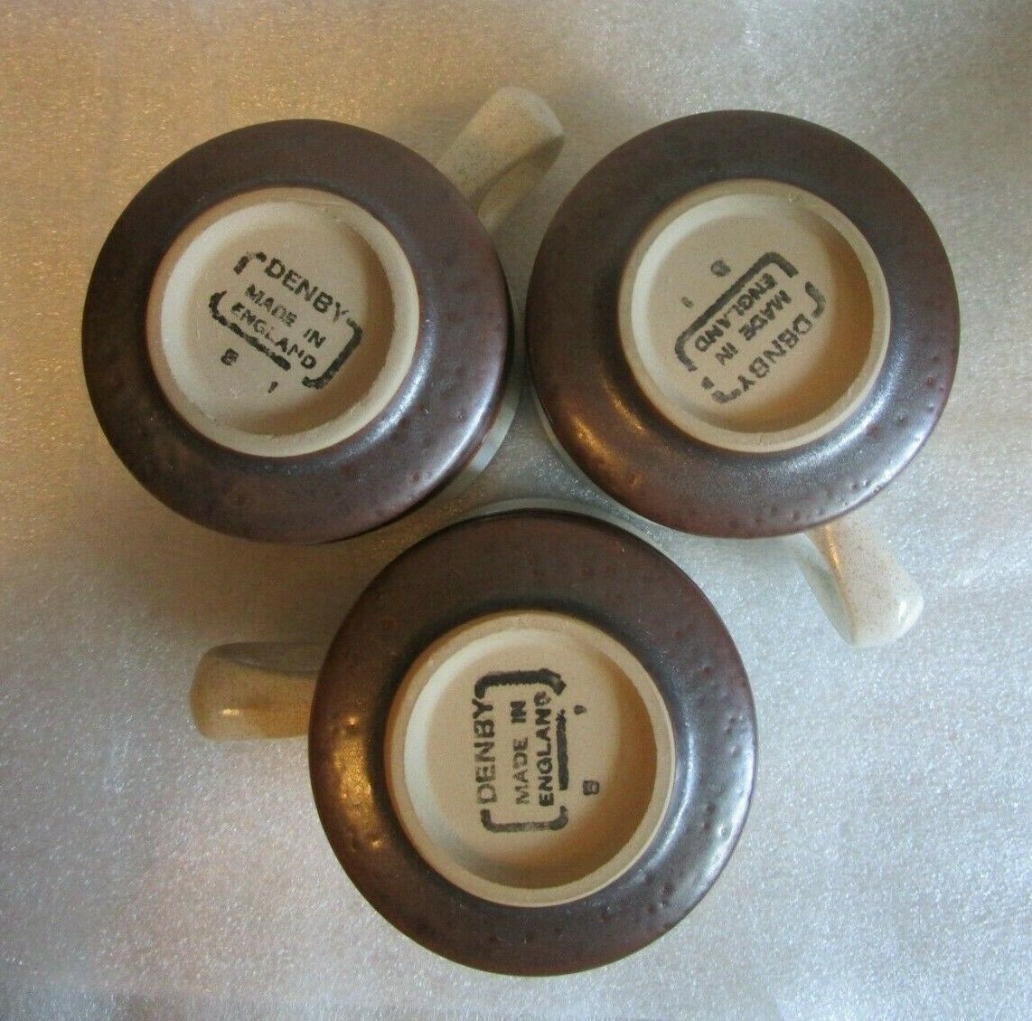 3 Mid Century Stoneware Denby Potters Wheel Rust Brown COFFEE CUPS MUGS