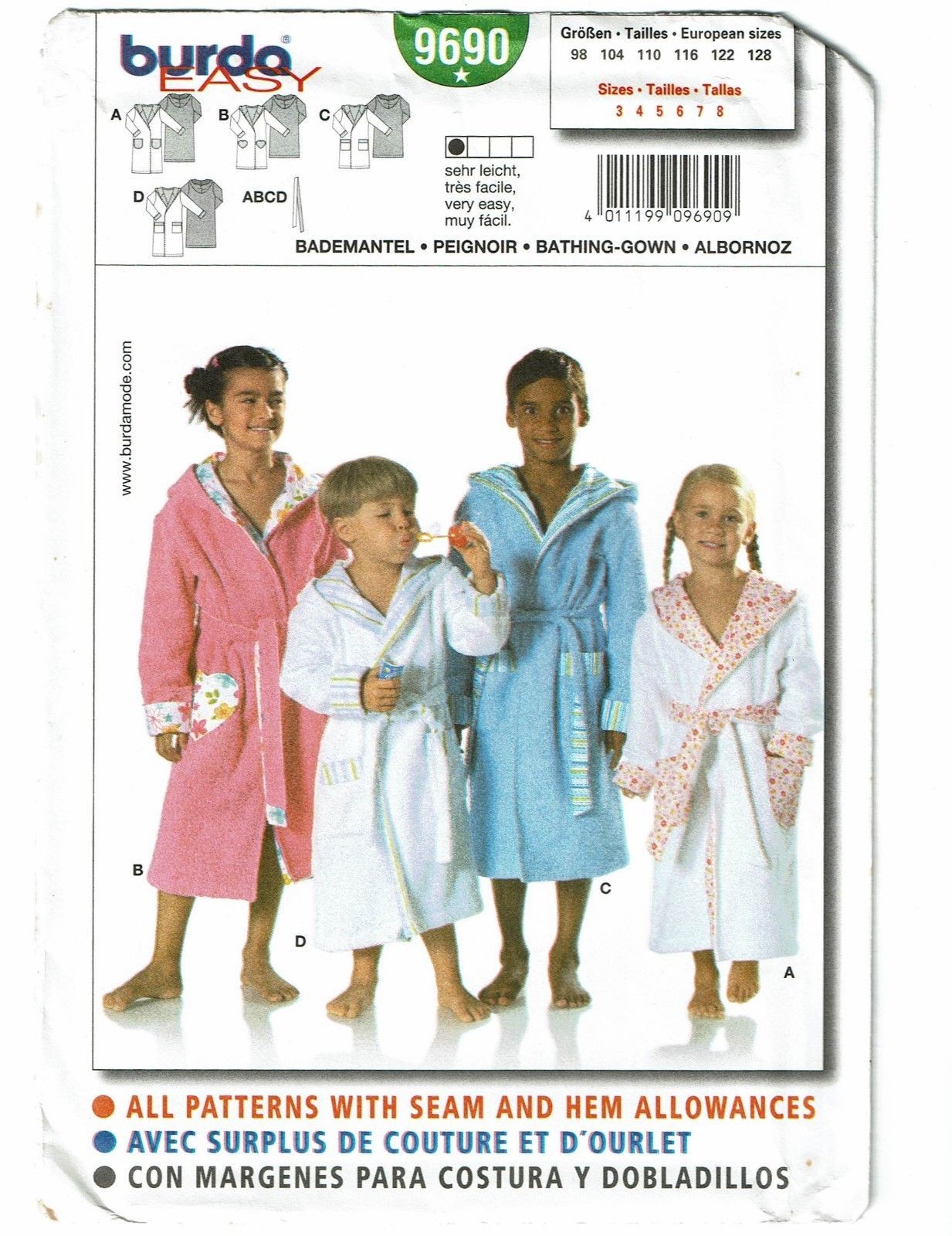 BURDA EASY PATTERN 9690 KIDS BATHROBES, SIZE 38 Sewing Patterns