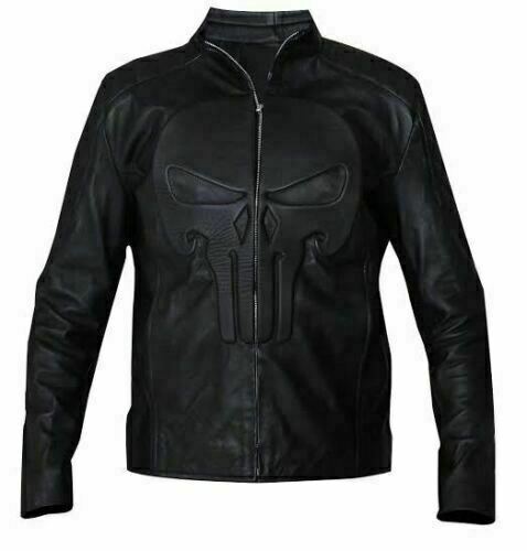 Punisher Padded Embossed Skull Black Biker Real Leather Jacket