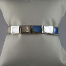 .925 RHODIUM SILVER BRACELET WITH RECTANGLES OF MOTHER OF PEARL BLUE AND WHITE image 1
