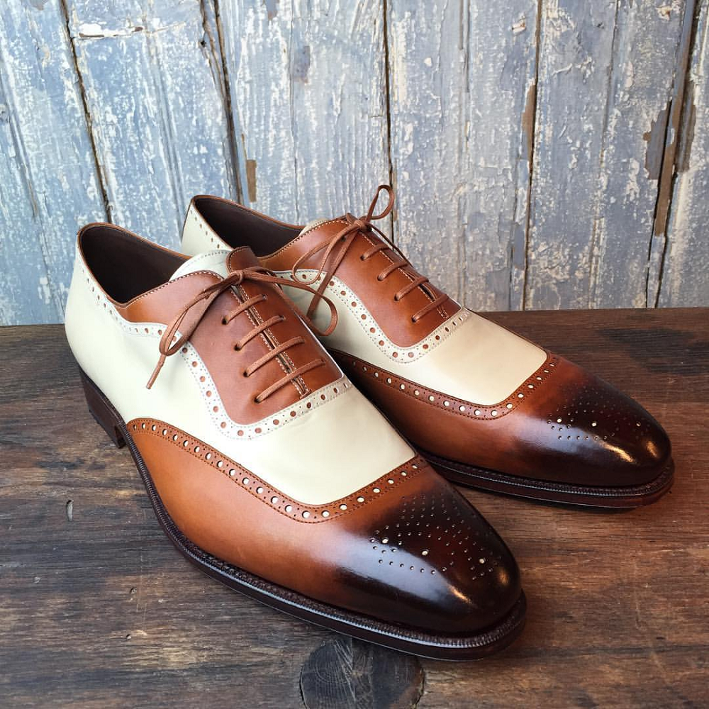 New Handmade Men Two tone wingtip brogue formal shoes, Men lace up dress shoes