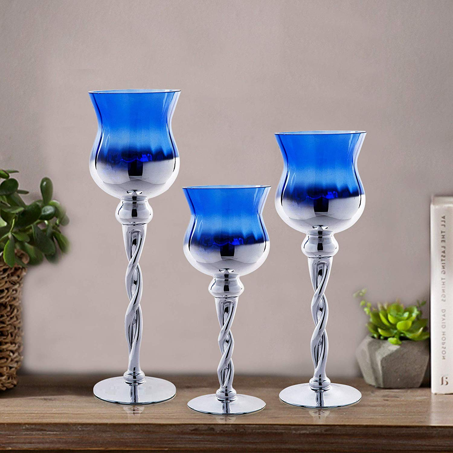 Tulip Hurricane Candle Holders Set Of 3 Blue And Silver Glass Twisted Long Stem Candles 0207