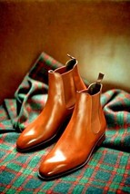 Handmade Men's Tan Leather High Ankle Chelsea Boots image 3