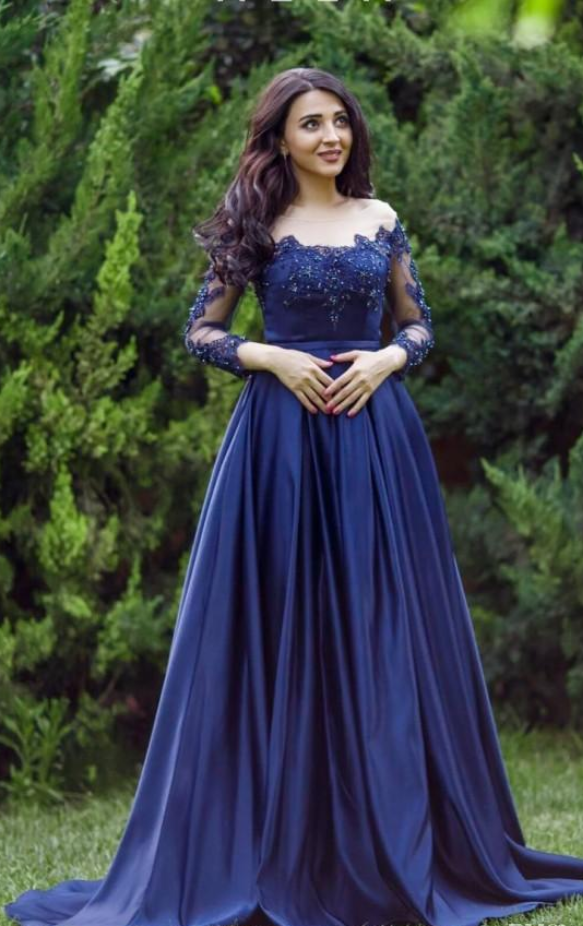 Long Sleeves Navy Blue Satin Prom Dress Lace Appliques Women Evening ...