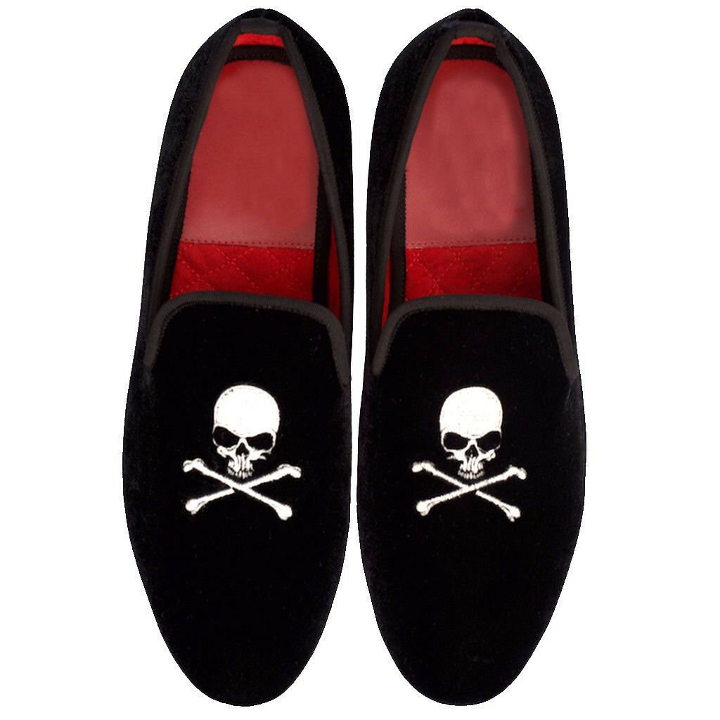 Men Black Velvet Loafer Slippers Scull And Cross Bones Embroidery Shoes US 7-16
