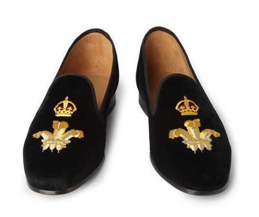 New Handmade Men Black Velvet Loafer Crown Embroidered Slippers Wedding Dress S