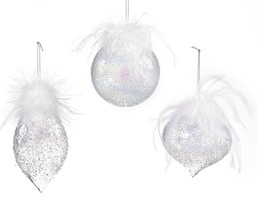 Christmas Glass Ornaments Set of 3 Iridescent Textured  White Ostrich Feathers