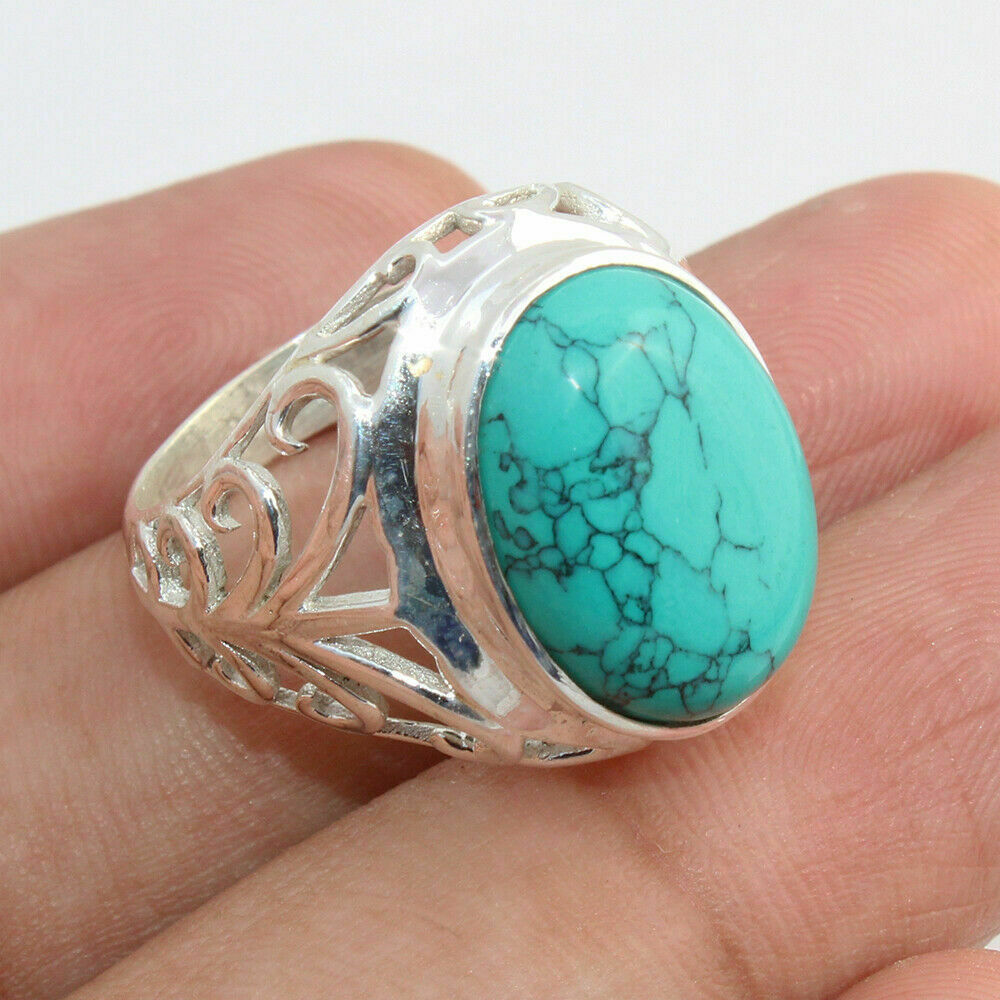 Natural Turquoise Stone Genuine Ring Pure Sterling Silver Rhodium