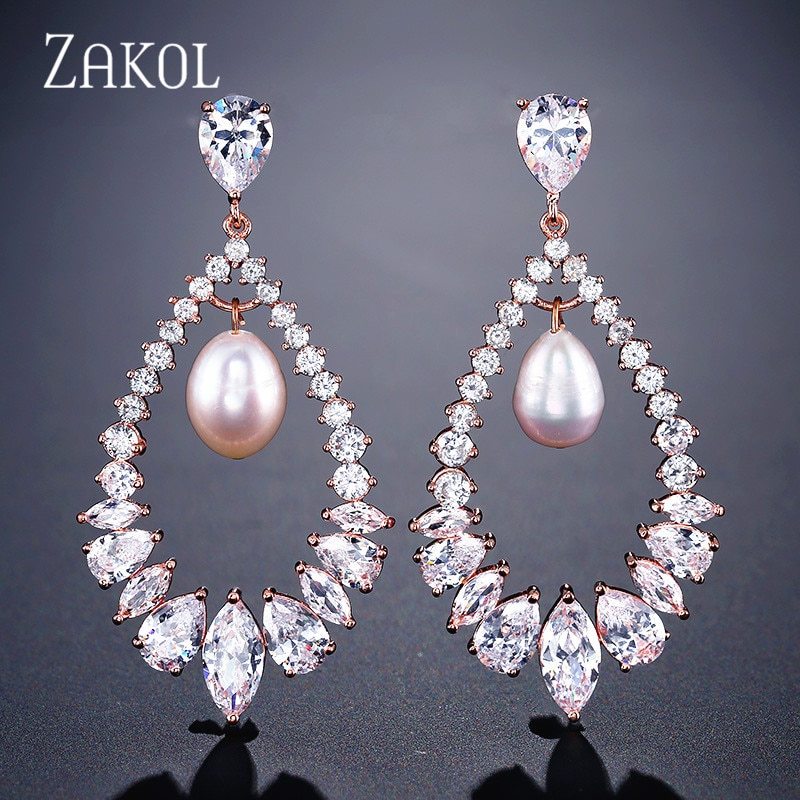 ZAKOL  Hollow Marquise Cut Zirconia Drop Earrings For Women Wedding Fashion Imit
