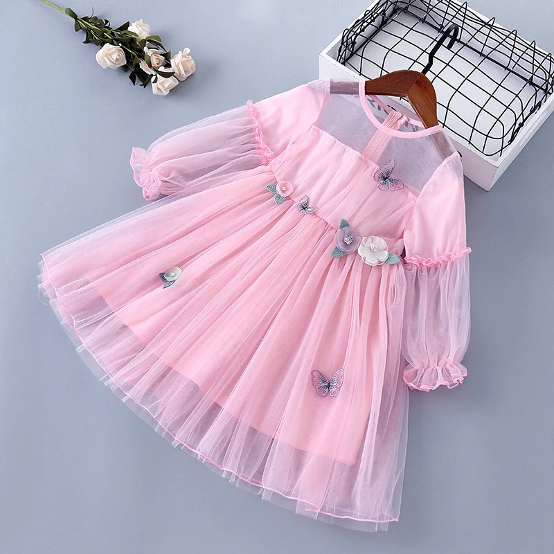 New pink long sleeve pleated floral mesh girls princess spring dress 2-7 years