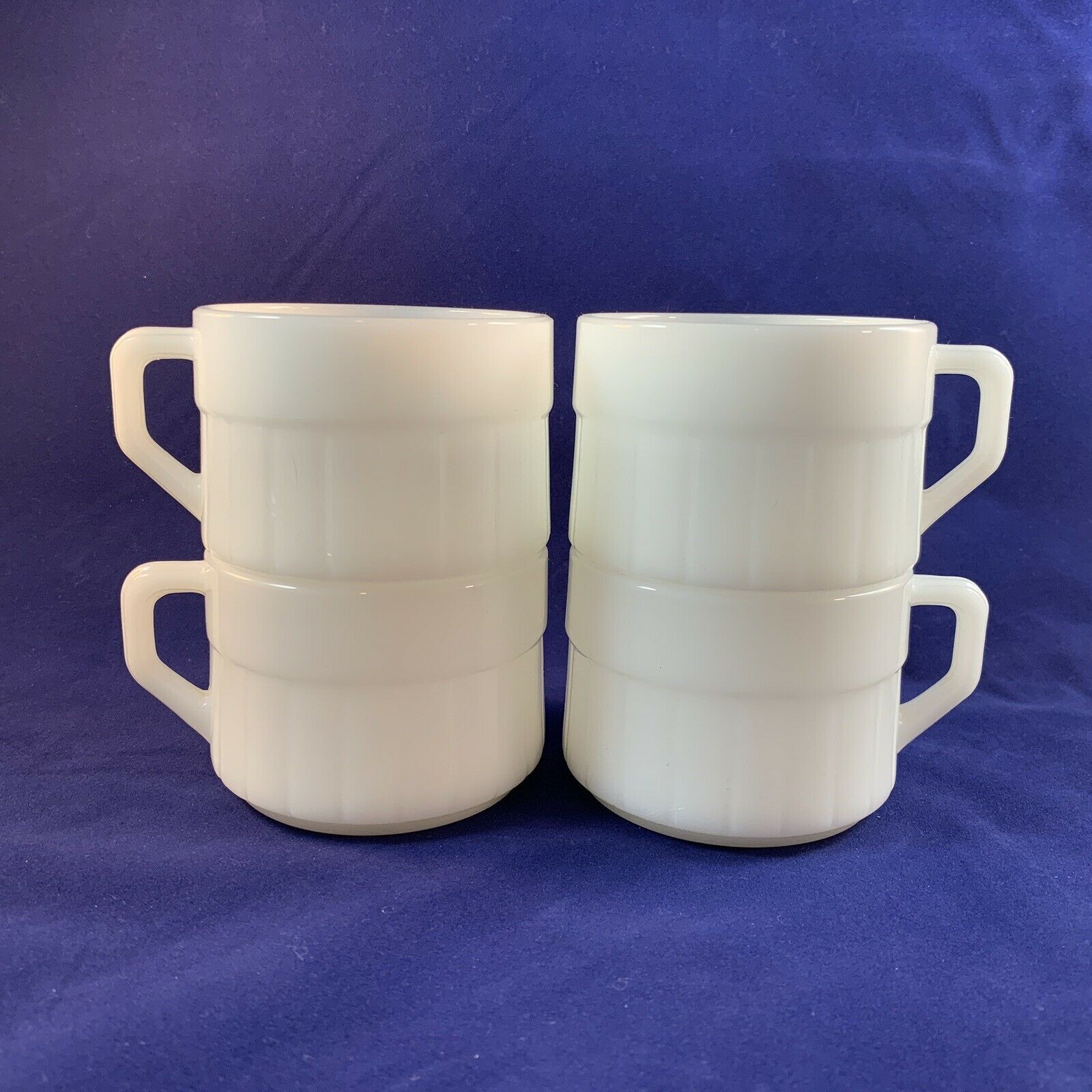 4 Federal Ribbed Milk Glass Stackable Coffee Mugs Soup Cups Vintage - Federal