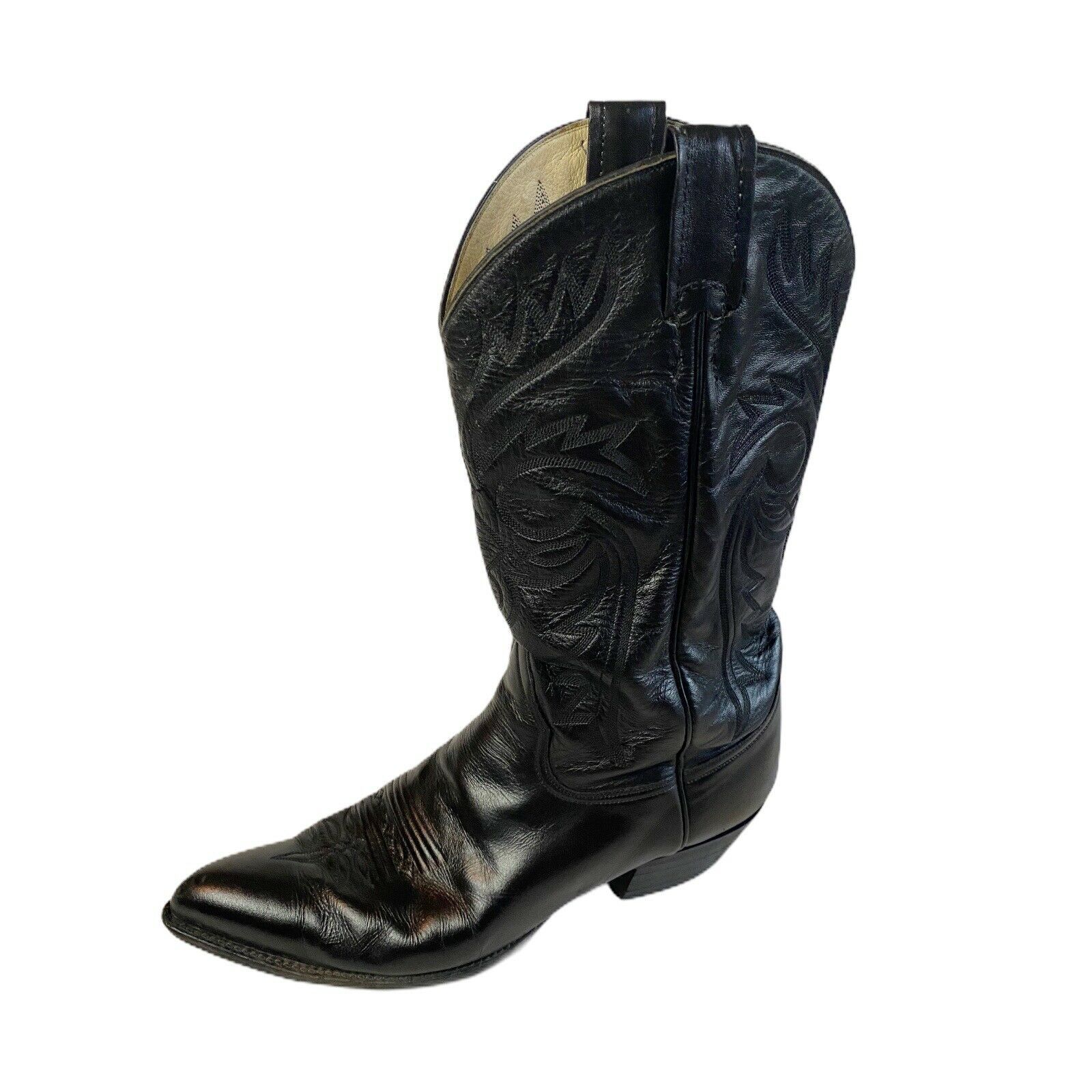 Larry Mahan VTG Leather Western Cowboy Boots Black Mens Shoe Size 7