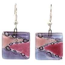 Square Glass Dangle Earrings, Zig Zag Purple & Pink - Tili Glass - $17.00