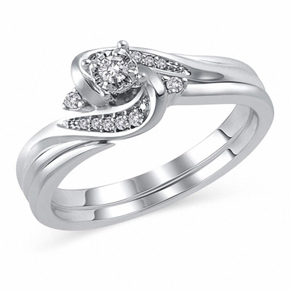 0.1CT Sim.Diamond Swirl Bypass Bridal Engagement Ring Set in 14K White