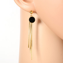 Gold Tone Drop Earrings, Jet Black Faux Onyx Circle & Tassels - $26.99