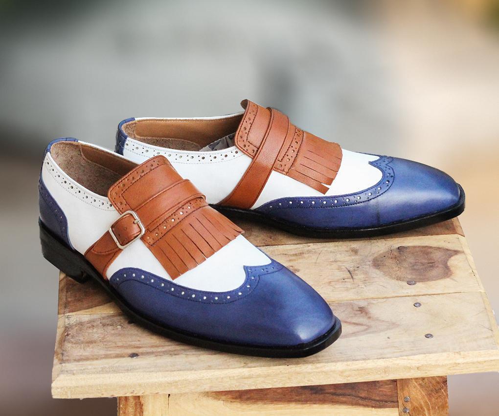 Handmade Men's Multi Color Leather Wing Tip Monk Strap Shoes, Men Designer Shoes