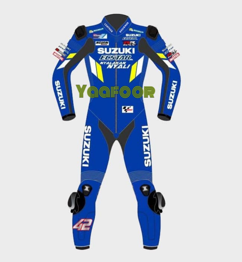 CUSTOMIZED SUZUKI ECSTAR BLUE FULL GRAIN COWHIDE MOTORCYCLE RACING LEATHER SUIT
