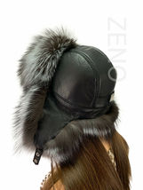 Silver Fox Fur Ushanka Hat with Leather Trapper Aviator Hat Saga Furs Natural image 5