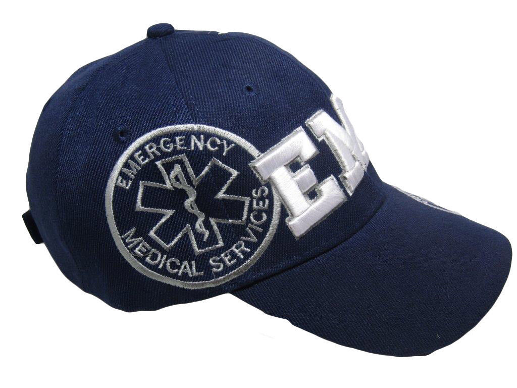 Dark Blue EMS Emergency Medical Service White Shadow Embroidered Cap