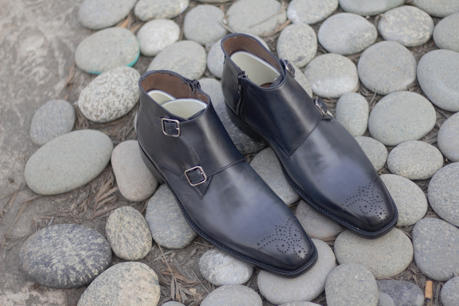 Handmade Men's Black Leather Brogue Toe Double Monk Strap Ankle Zipper Boots