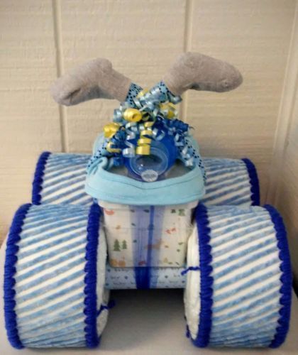Blue ,Yellow , Grey and Royal Blue Baby Boy Four Wheeler Diaper Cake