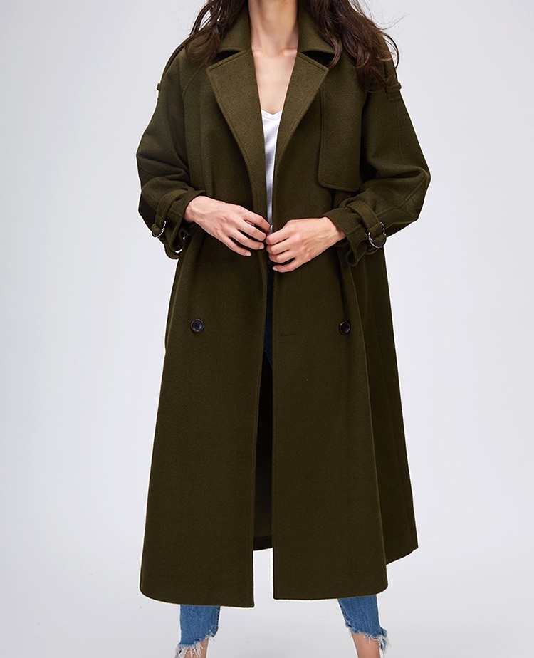 New olive green warm winter double breasted woolen coat with belt