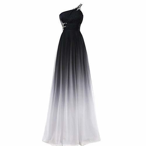 Kivary Beaded One Shoulder Long Ombre Chiffon Prom Evening Dress Formal Black Wh