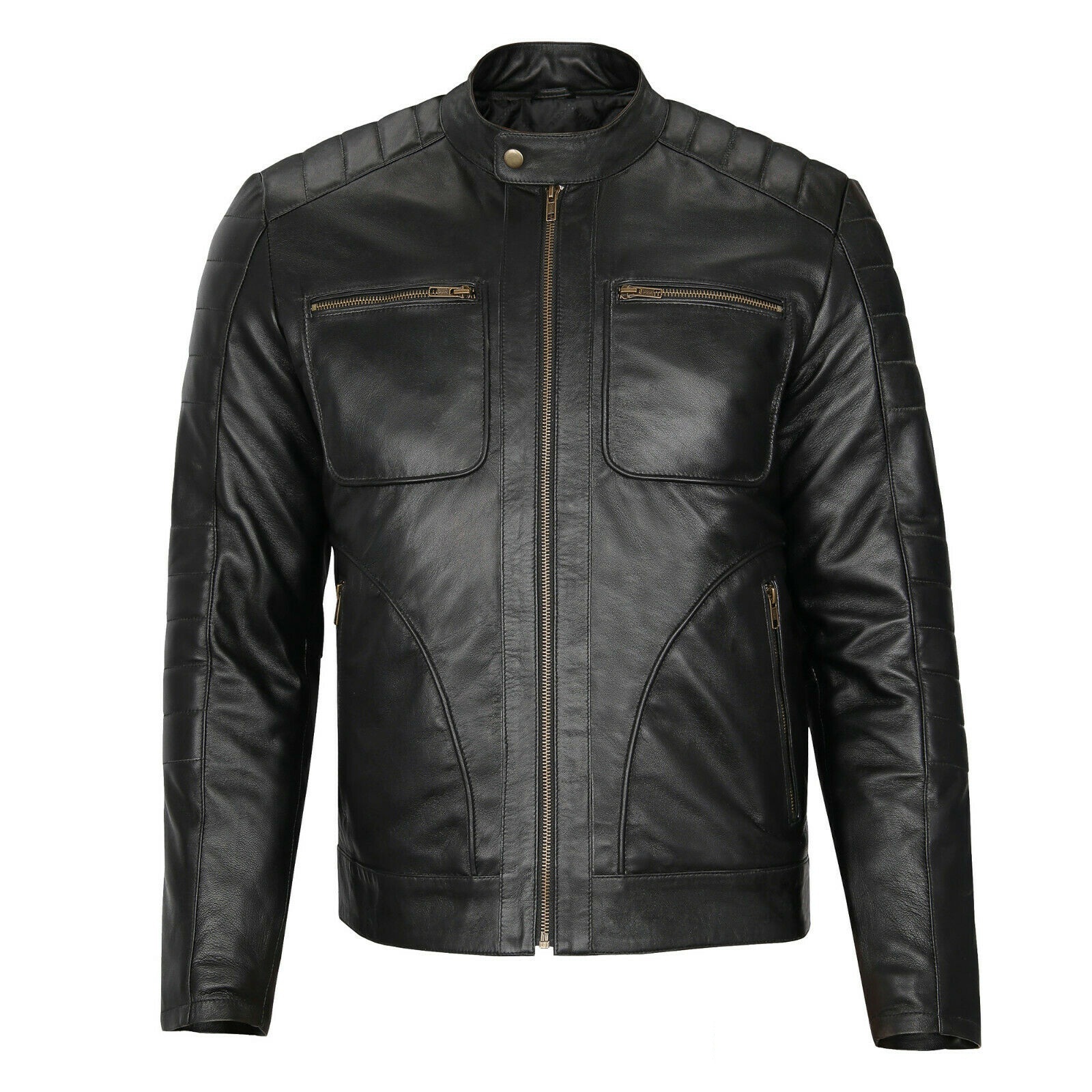 Mens Black Qulited Retro Motorcycle Vintage Biker Bomber Real Leather Jacket
