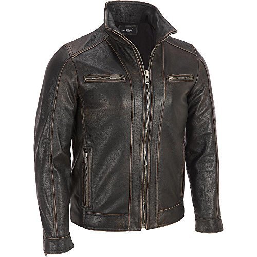 Men's Black Rivet Faded Seam Genuine Leather Motorcycle Biker Leather Jacket