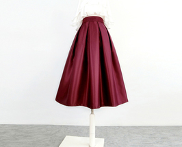 Women Burgundy Pleated Party Skirt High Waisted Pleated Midi Skirt A-line Plus  image 3