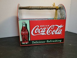 Coca-Cola Collectible Metal Caddy Tin Carry case  4 slots Utensil Wood Handle - $29.34