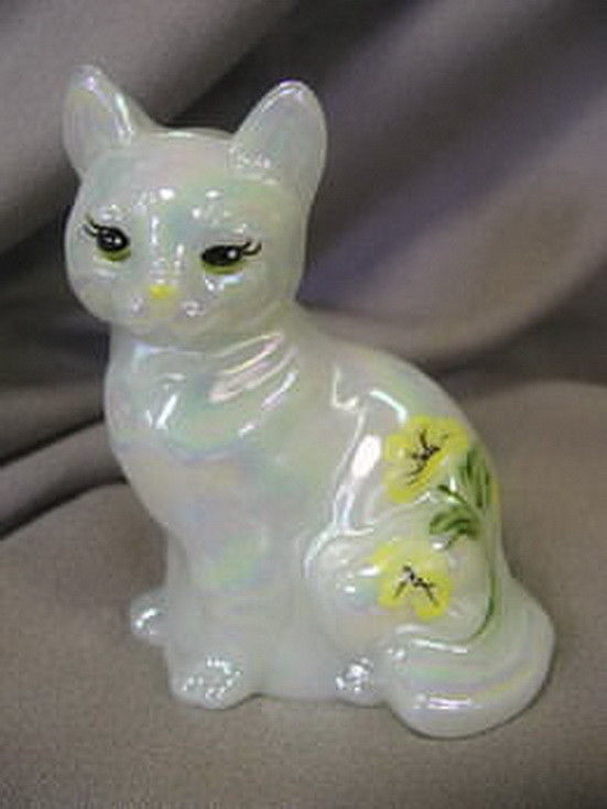 Primary image for Fenton Sitting Cat Hand Painted Mother of Pearl Yellow Flowers Solid Glass