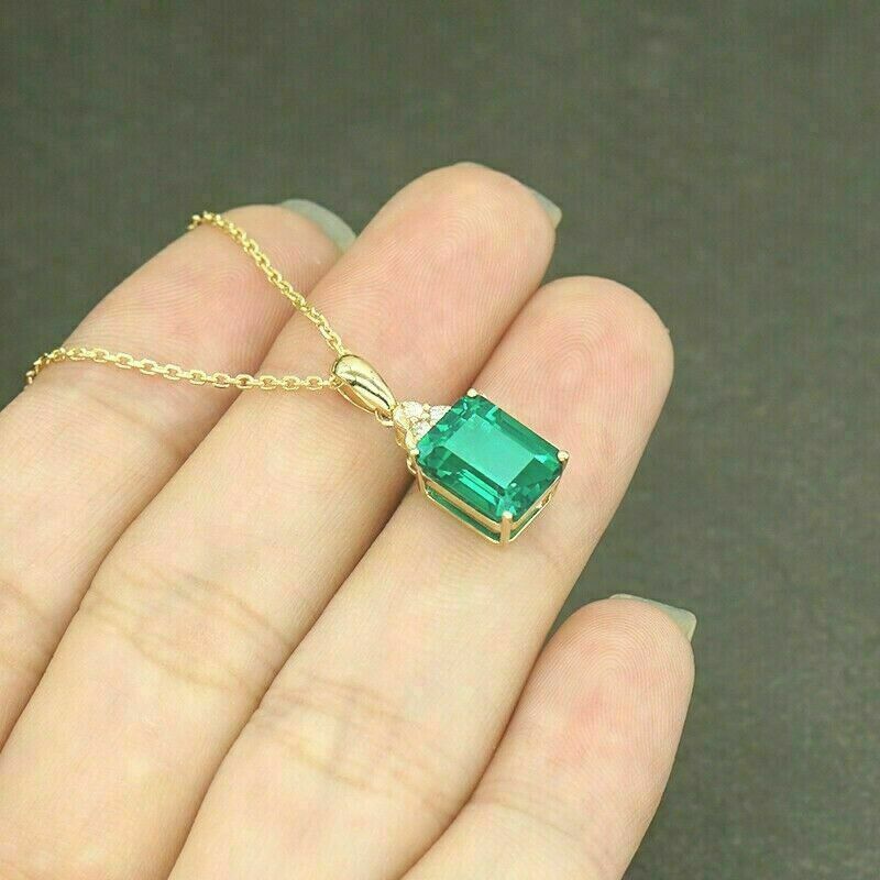 14k  Rose Gold Over  4.50Ct  Emerald  & Round Cut  Emerald  Pendant With Chain