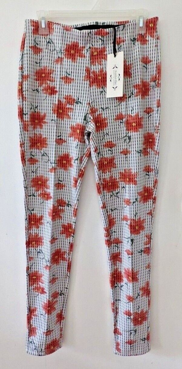 Nanette Lepore Coral Floral Gray Stripe Plaid Print Pants Stretch women's MEDIUM