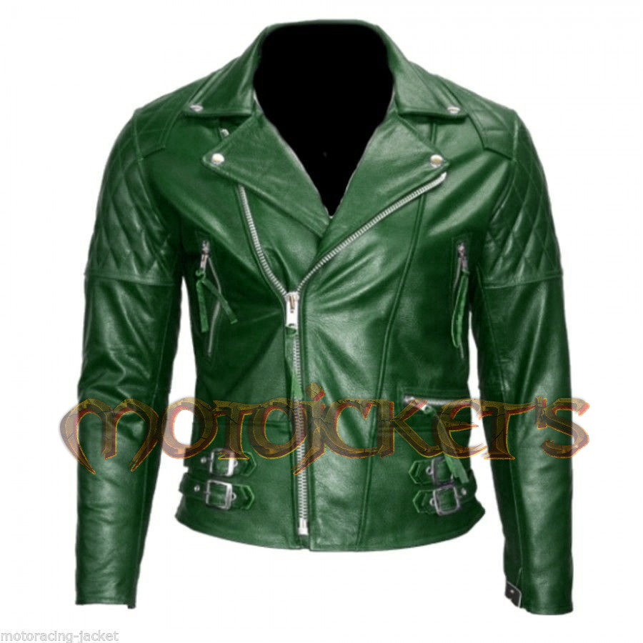 Mens Green Leather Biker Jacket Photos