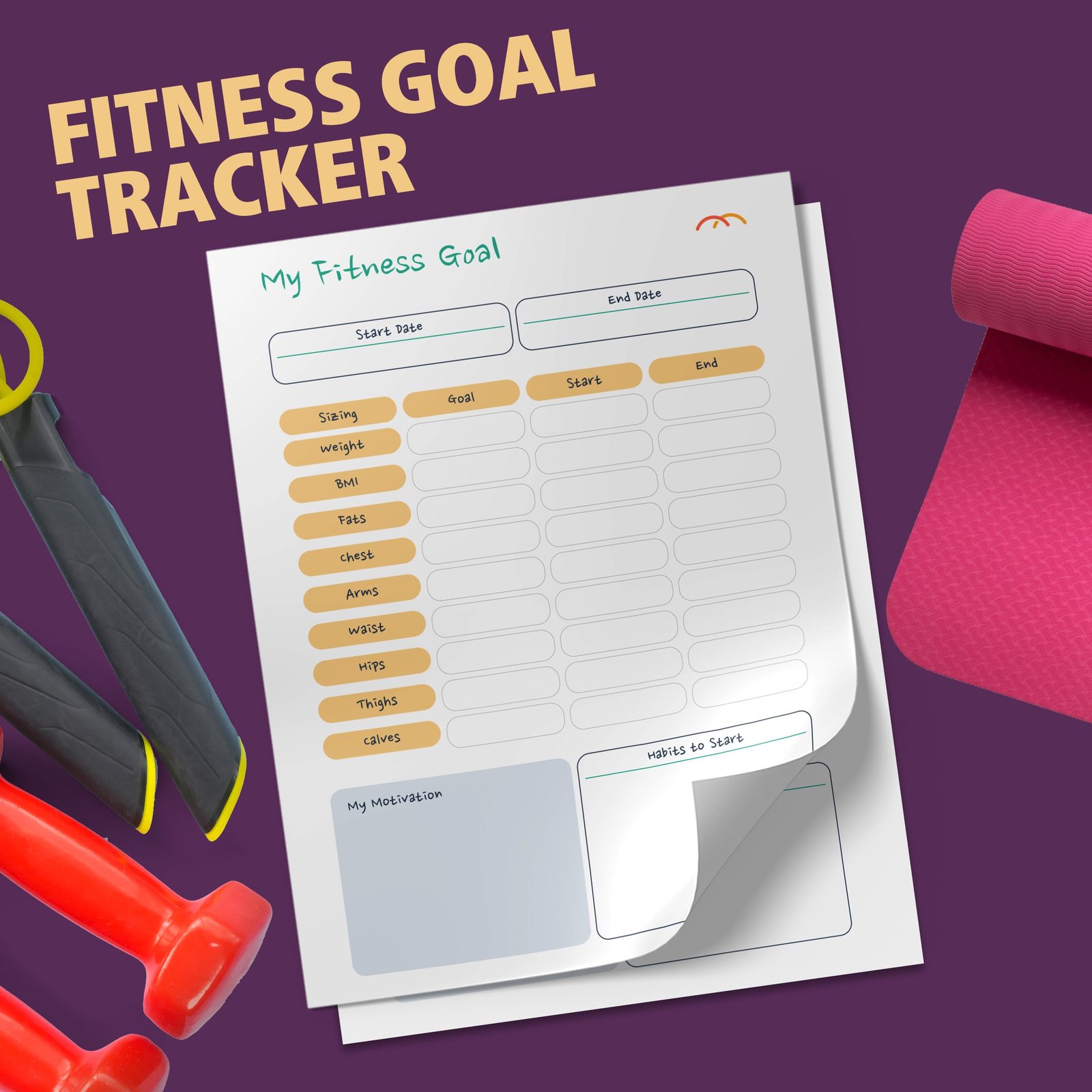 Fitness Goal Tracker, Exercise Tracker, Printable Workout Log sheet