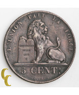 1857 Belgium 5 Centimes (Very Fine+, VF+) Leopold Lion Tablet 5c Belges KM#5.1 - $64.45