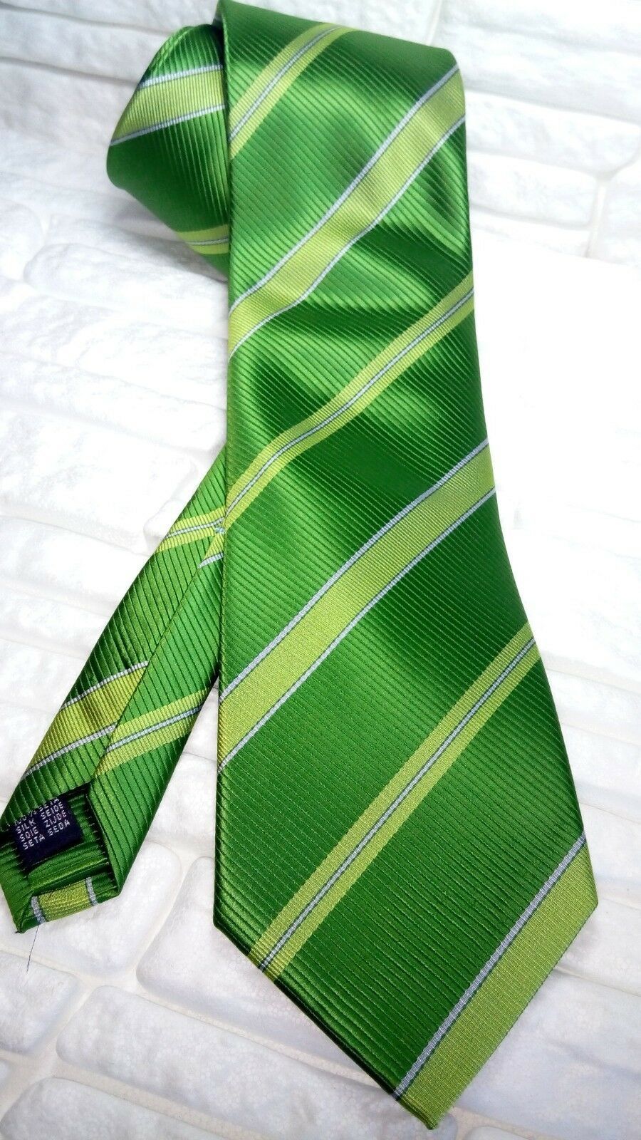 Green on Green silk neck tie striped wide TRE brand Italy wedding