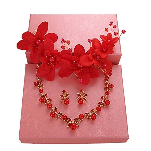Handmade Red Wedding Bridal Jewelry Hair Style Accessories Earrings Sets, 07