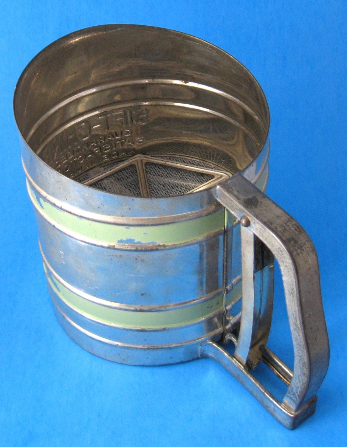 Tin Flour Sifter Original Green Paint 1940s SiftChine Triple Sifters
