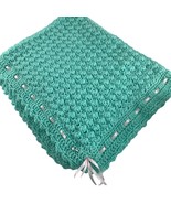 Handmade Crochet Sea Green Baby Blanket Ribbon Detail Scalloped Edge 41&quot;... - $38.61