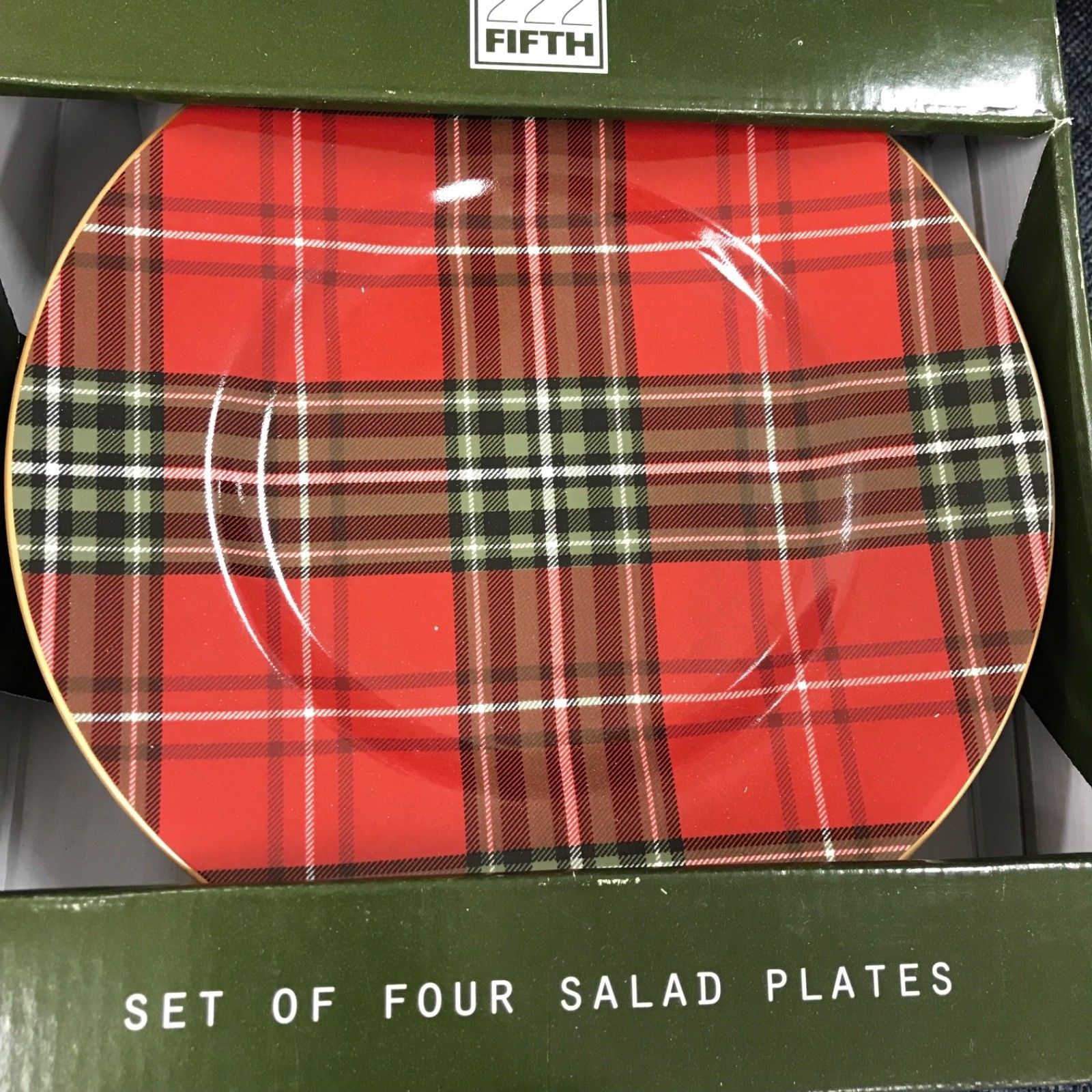 (8) 222 FIFTH Wexford Red Tartan Plaid Christmas Salad Plates NEW Porcelain