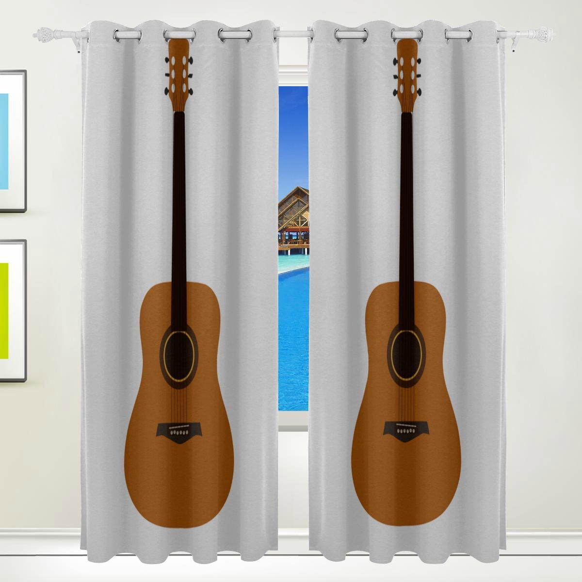 Long Window Curtain Popular Musical Instrument Guitar Print Window