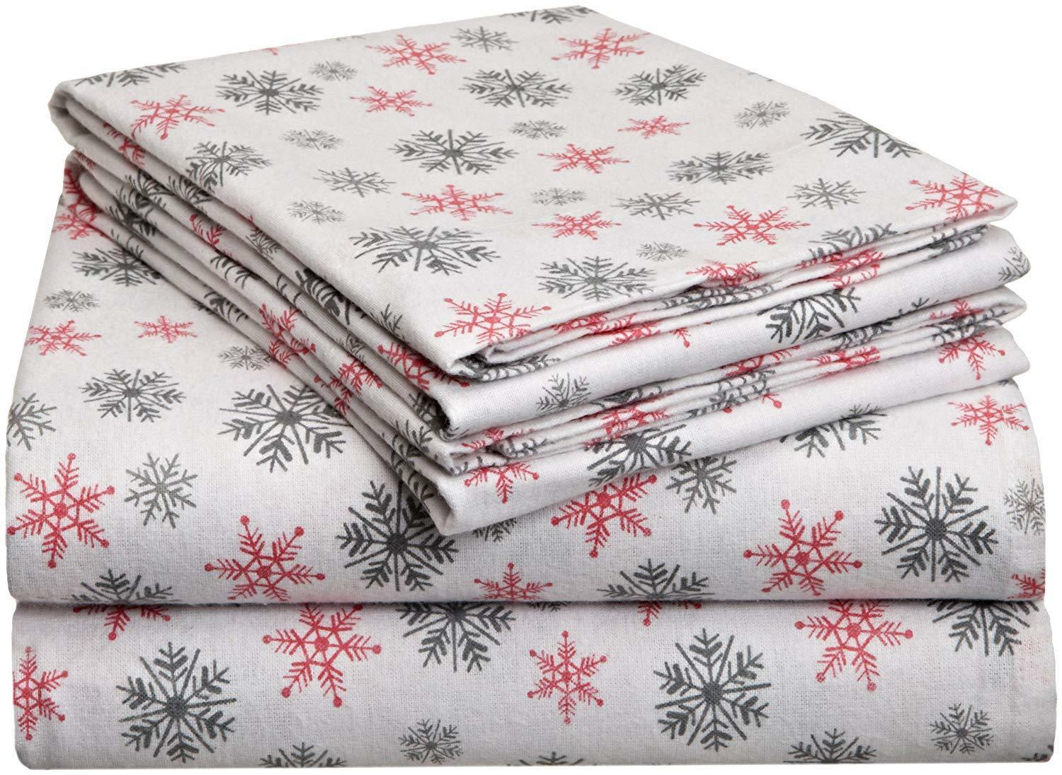 Twin XL Full Queen Cal King Bed Red Green Snowflake 4pc Cotton Flannel Sheet Set - Sheets ...