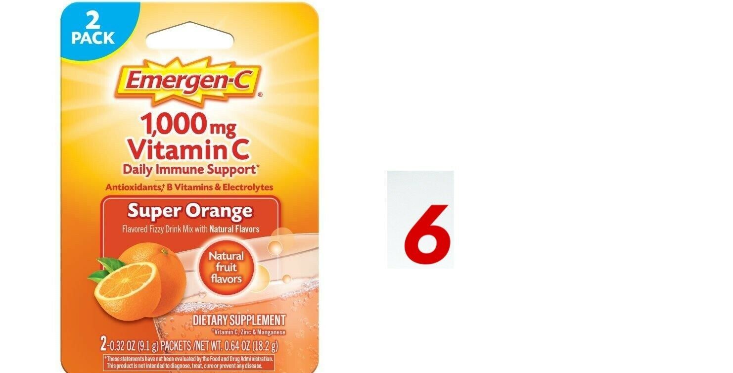 Emergen-C Vitamin C 1000mg Powder, 2 Count,  Orange Flavor(pack of 6)Total 12