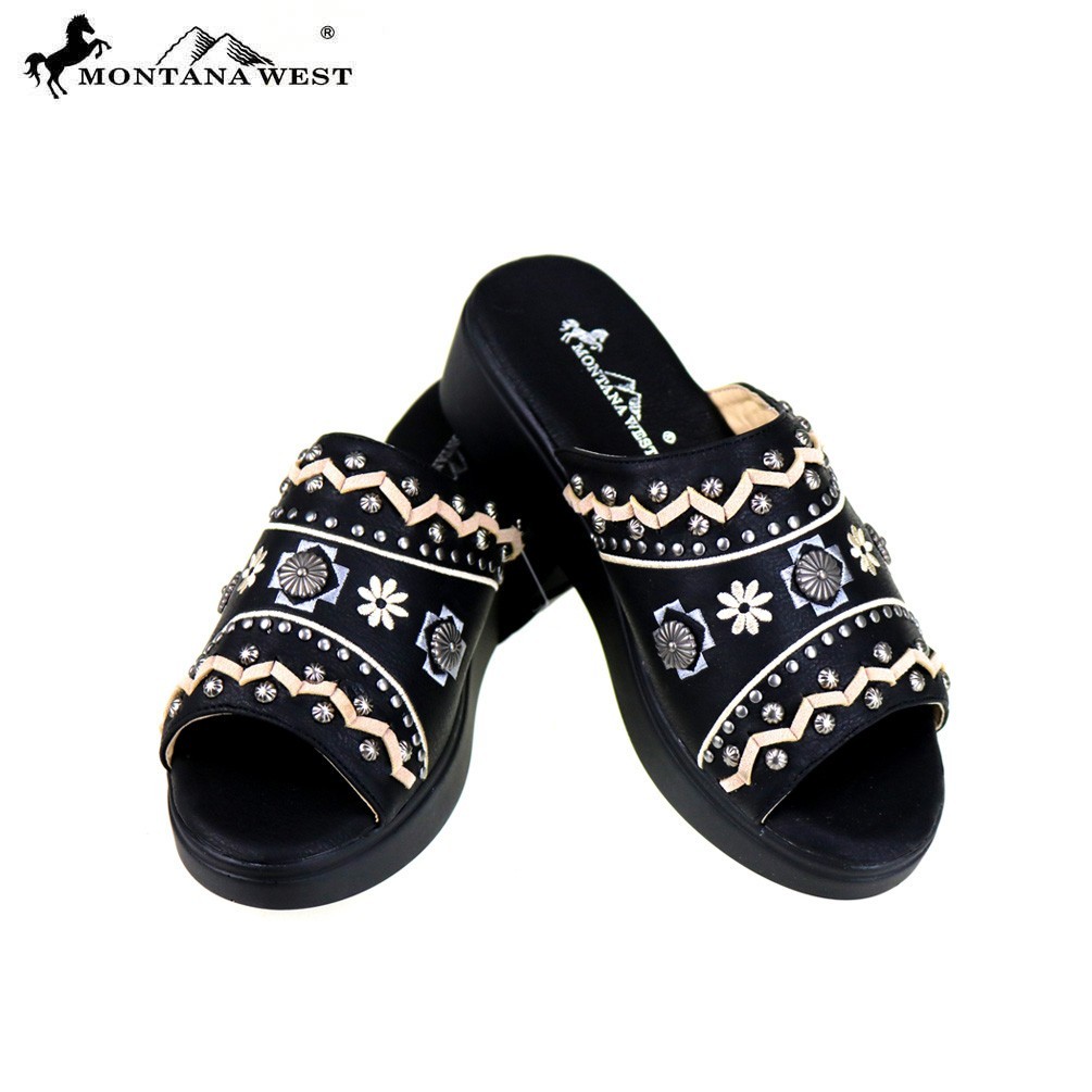 Image of Montana West Black Embellished Concho Slip-On Back-less Western Wedge Sandals