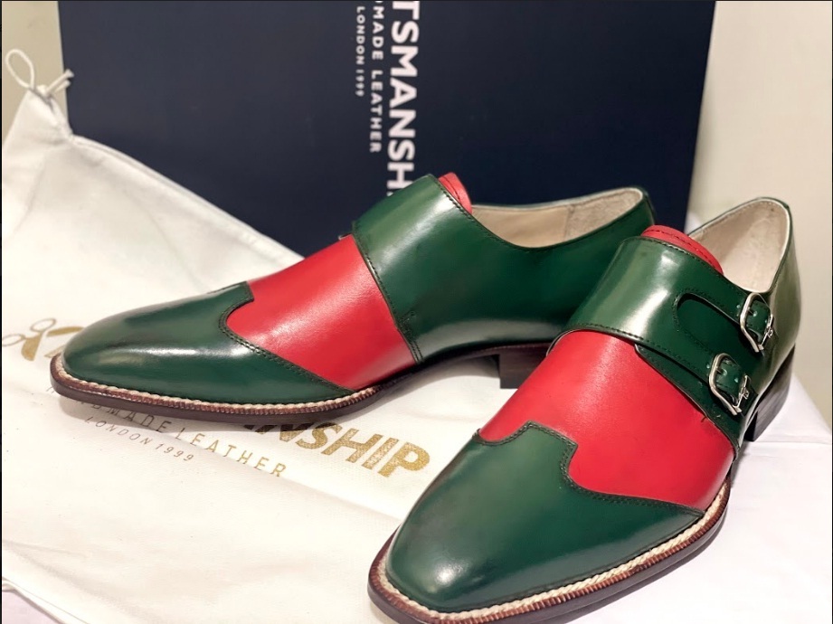 Handmade Men's Green & Red Double Buckle Monk Strap Leather Shoes