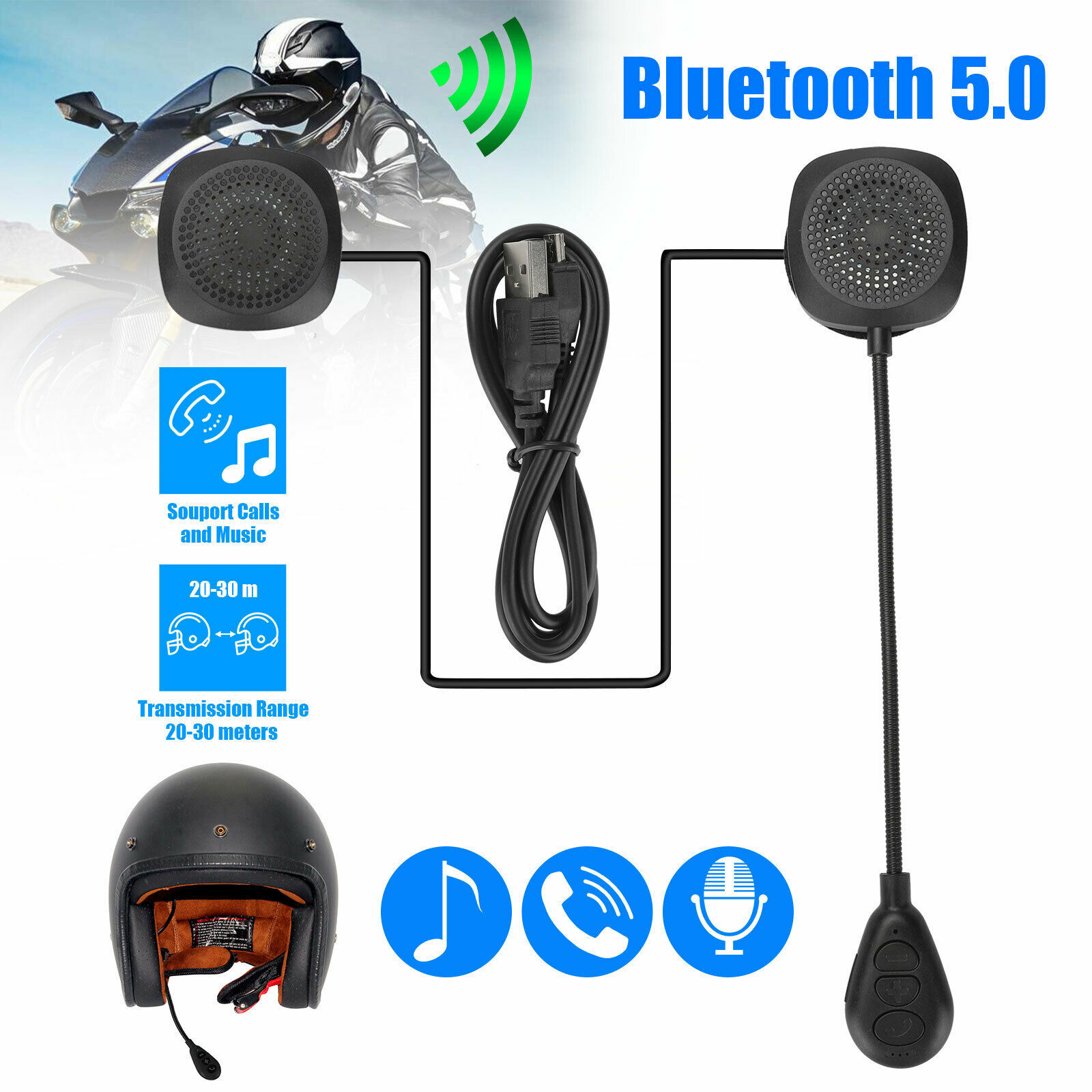 Rechargeable Motorcycle Helmet Headset Bluetooth Handsfree Music w